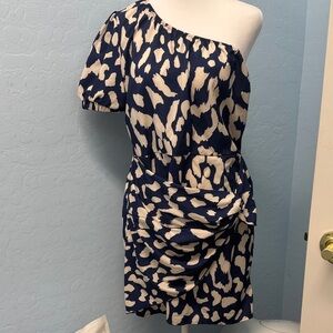 Navy and Cream One-Shoulder Puff-Sleeve Mini Dress
